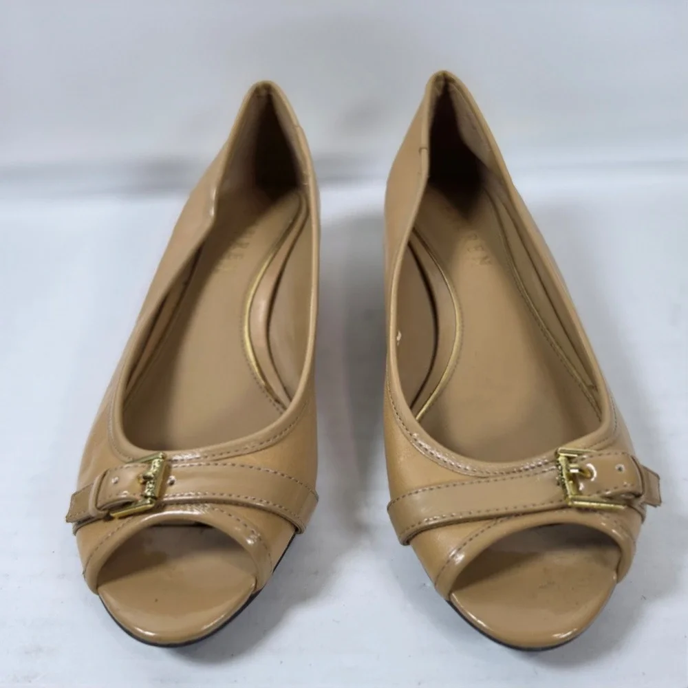 Lauren Ralph Lauren Tan Leather Peep Toe Wedge Heels Buckle Detail‎ Beige Pumps